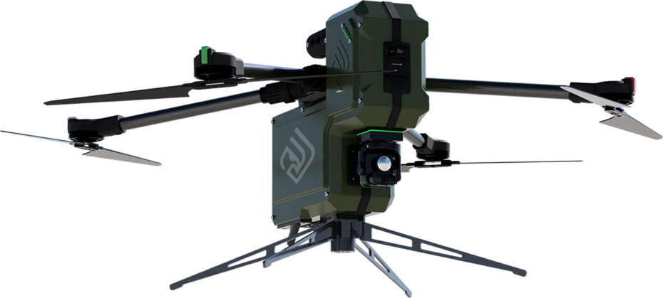 Freigestelltes Produktbild des taktischen Aufklärungs-UAV AERIS Recon S7 mit EO-/IR-Kamerasystem und modularem Systemaufbau.