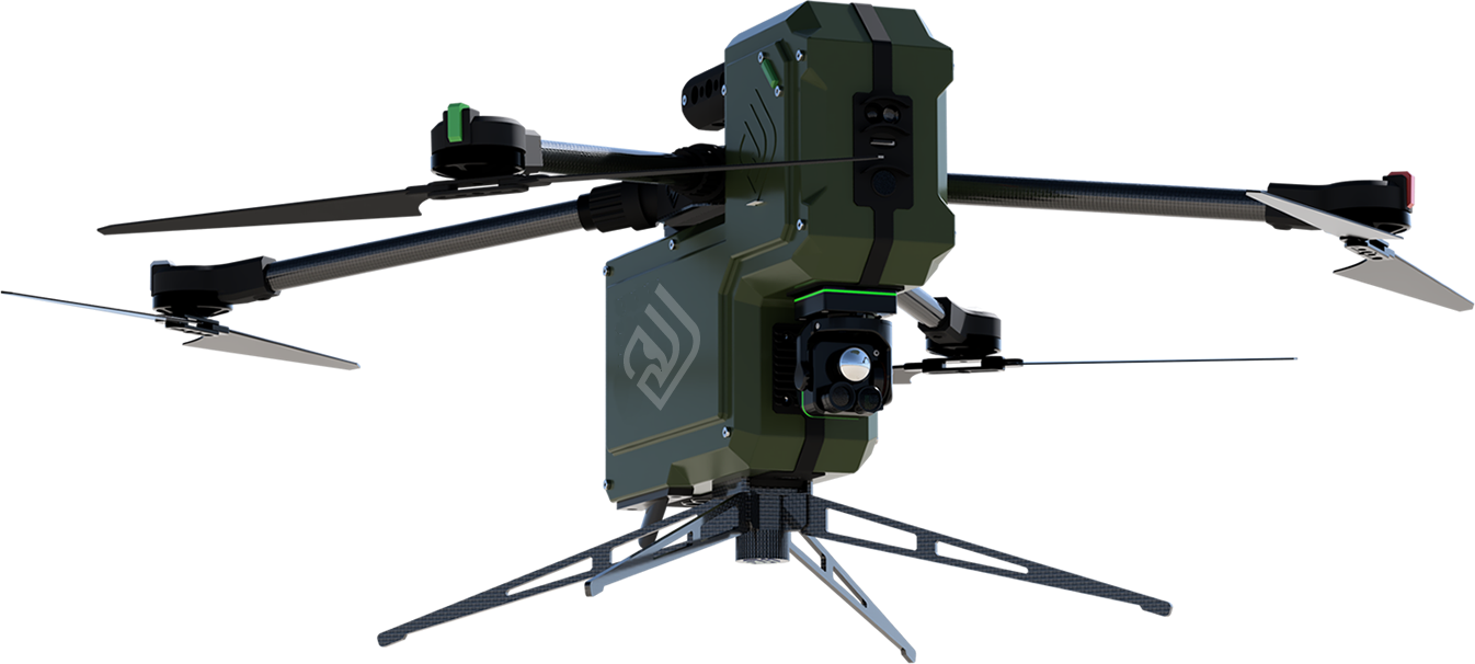 Freigestelltes Produktbild des taktischen Aufklärungs-UAV AERIS Recon S7 mit EO-/IR-Kamerasystem und modularem Systemaufbau.